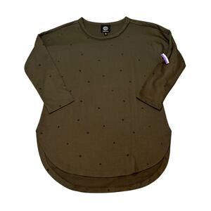 Bobeau Olive Heart Print Knit Top XS Hi Low 3/4 Sleeve Shirt